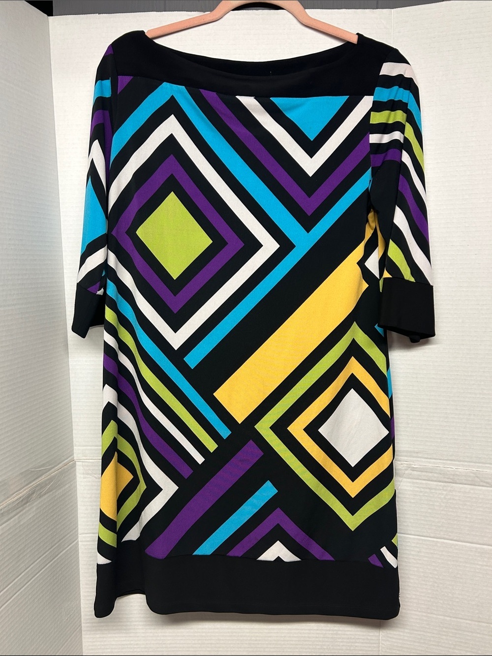 Geometric Print Shift Dress or Tunic in Black with Turquoise, Purple & Yellow